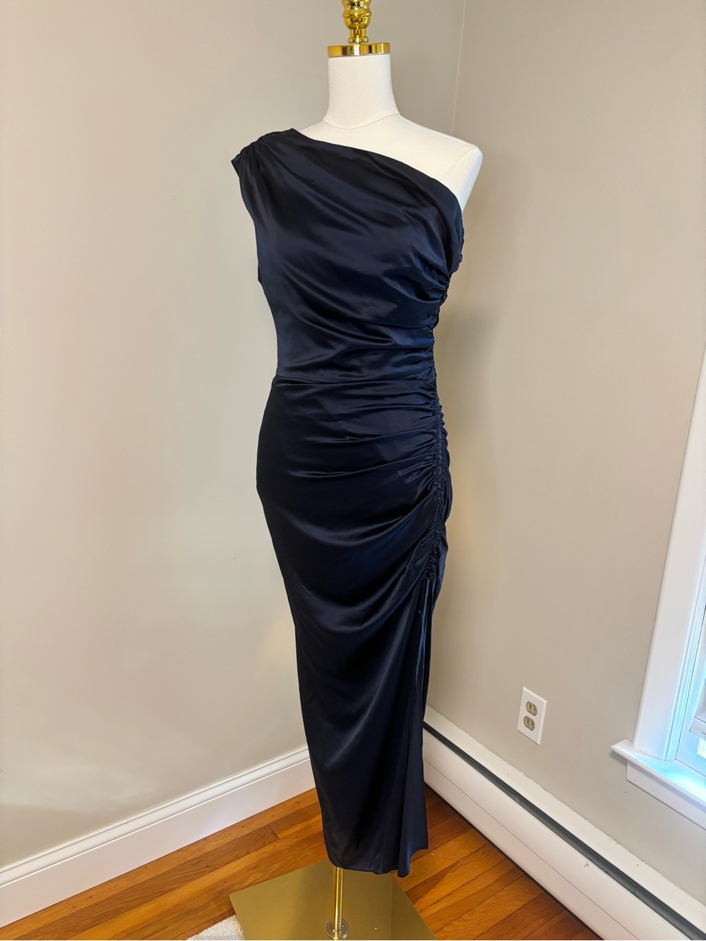 Veronica Beard Kadie Navy Stretch Silk Charmeuse Ruched Midi Dress NWT 4